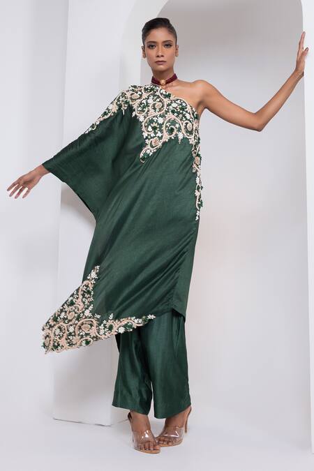 Buy_Oshi By Shikha_Green Silk Embroidery, Zari, Beads One Shoulder Tunic And Pant Set 