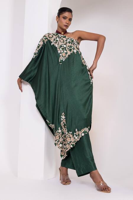 Shop_Oshi By Shikha_Green Silk Embroidery, Zari, Beads One Shoulder Tunic And Pant Set 