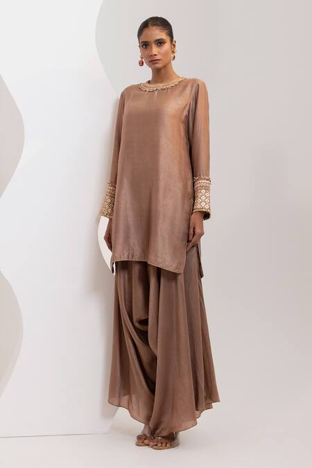 Buy_Oshi By Shikha_Silk Embroidery, Sequins, Beads Round Neck Kurta And Draped Pant Set _Online_at_Aza_Fashions