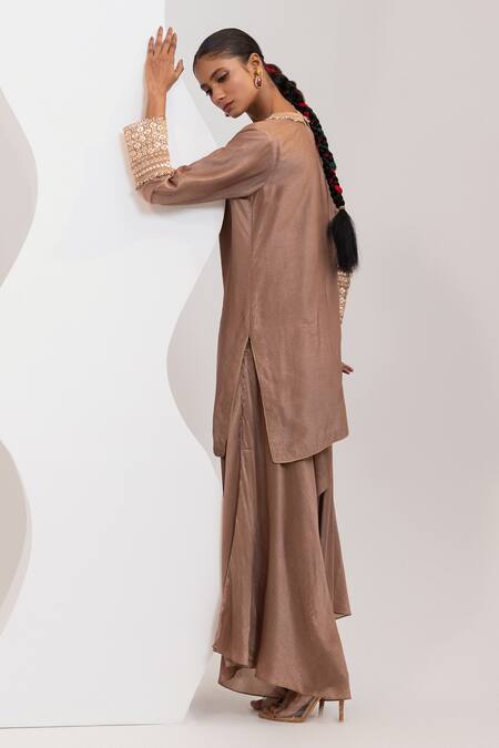 Oshi By Shikha_Silk Embroidery, Sequins, Beads Round Neck Kurta And Draped Pant Set _Online_at_Aza_Fashions