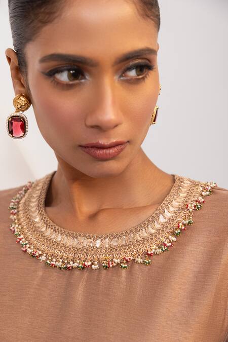 Oshi By Shikha_Silk Embroidery, Sequins, Beads Round Neck Kurta And Draped Pant Set _at_Aza_Fashions