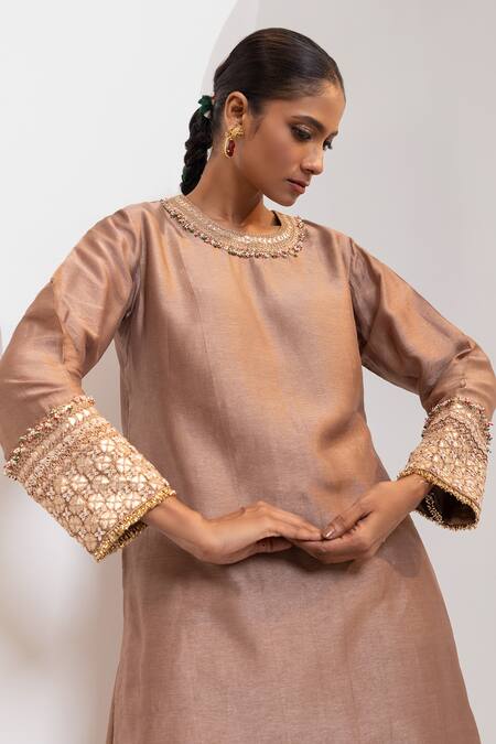 Buy_Oshi By Shikha_Silk Embroidery, Sequins, Beads Round Neck Kurta And Draped Pant Set 