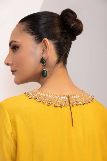 Buy_Oshi By Shikha_Mustard Silk Embroidery, Sequins, Beads Round Neck Kurta And Draped Pant Set _Online_at_Aza_Fashions