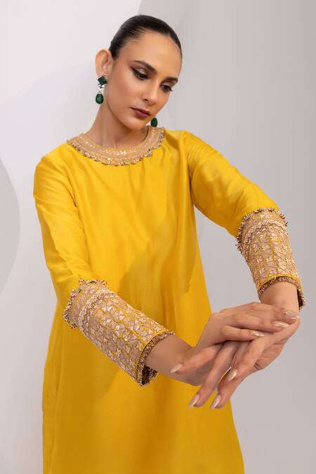 Shop_Oshi By Shikha_Mustard Silk Embroidery, Sequins, Beads Round Neck Kurta And Draped Pant Set _Online_at_Aza_Fashions