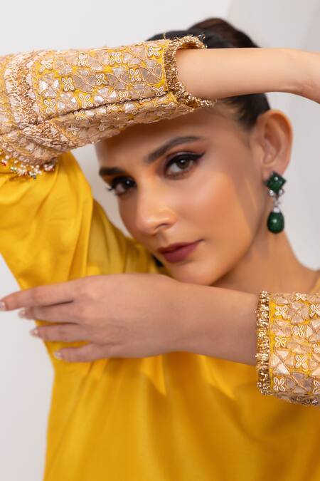 Oshi By Shikha_Mustard Silk Embroidery, Sequins, Beads Round Neck Kurta And Draped Pant Set _at_Aza_Fashions