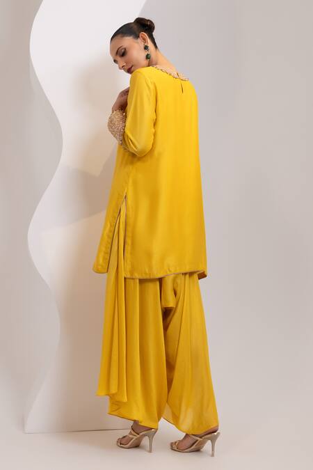 Oshi By Shikha_Mustard Silk Embroidery, Sequins, Beads Round Neck Kurta And Draped Pant Set _Online_at_Aza_Fashions