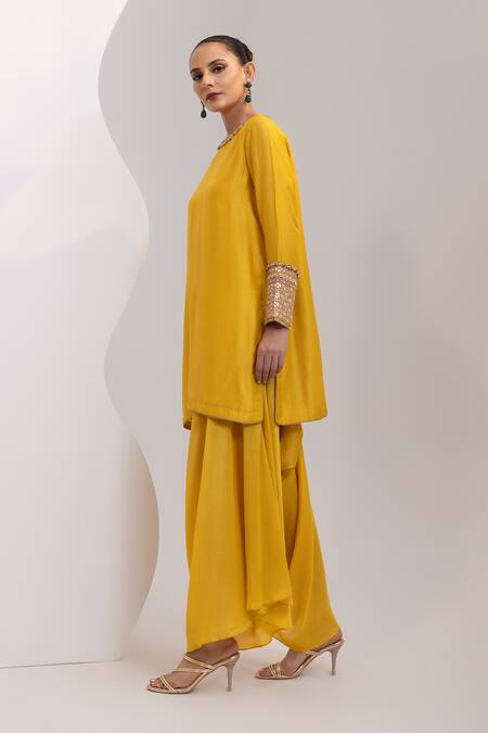Buy_Oshi By Shikha_Mustard Silk Embroidery, Sequins, Beads Round Neck Kurta And Draped Pant Set 