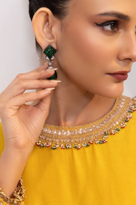 Shop_Oshi By Shikha_Mustard Silk Embroidery, Sequins, Beads Round Neck Kurta And Draped Pant Set 