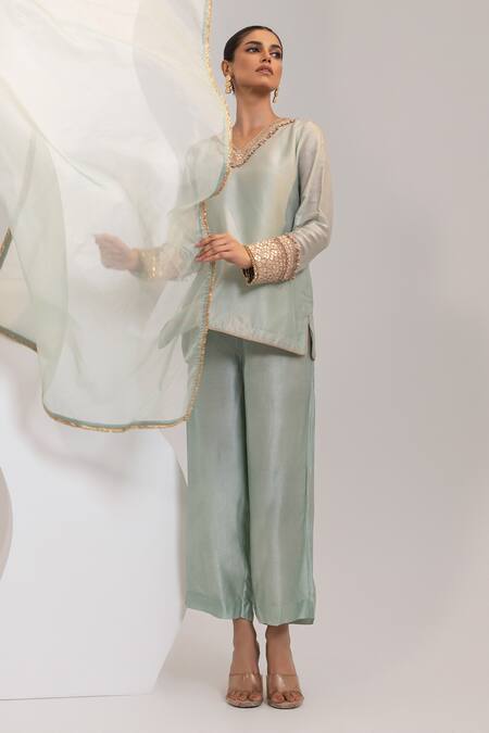 Buy_Oshi By Shikha_Sky Blue Silk, Organza Embroidery, Sequins, Beads, Zari, Short Kurta Pant Set _Online_at_Aza_Fashions