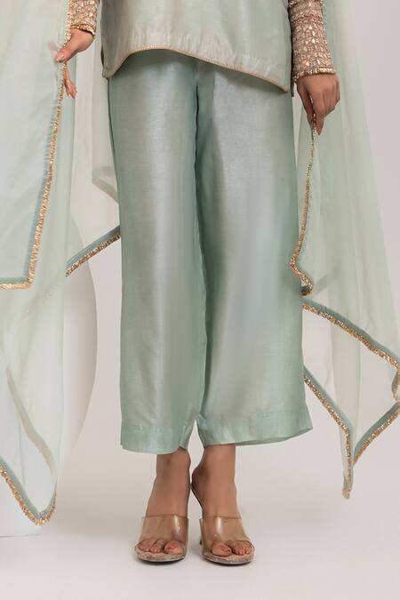 Shop_Oshi By Shikha_Sky Blue Silk, Organza Embroidery, Sequins, Beads, Zari, Short Kurta Pant Set _Online_at_Aza_Fashions