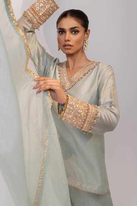 Oshi By Shikha_Sky Blue Silk, Organza Embroidery, Sequins, Beads, Zari, Short Kurta Pant Set _at_Aza_Fashions