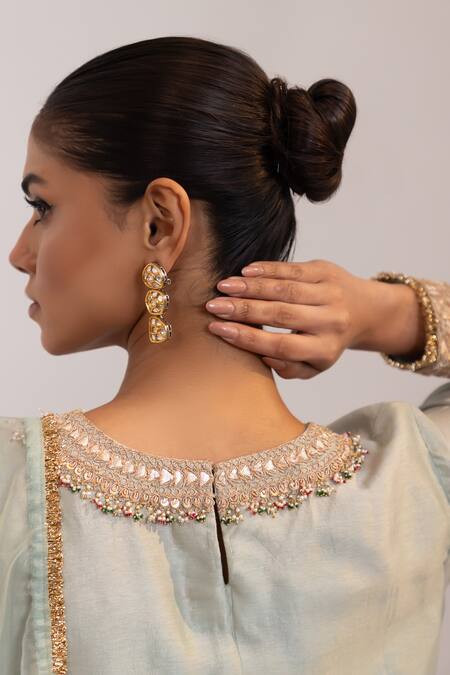 Buy_Oshi By Shikha_Sky Blue Silk, Organza Embroidery, Sequins, Beads, Zari, Short Kurta Pant Set 