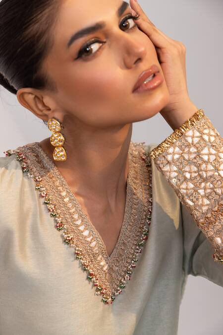 Shop_Oshi By Shikha_Sky Blue Silk, Organza Embroidery, Sequins, Beads, Zari, Short Kurta Pant Set 