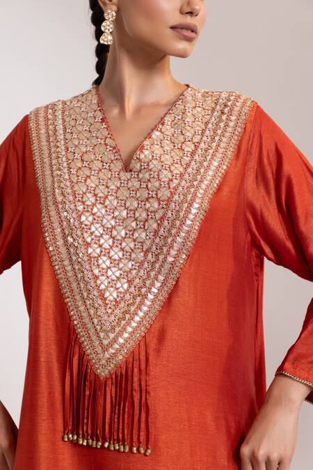 Shop_Oshi By Shikha_Rust Silk, Organza Embroidery, Sequins, Tassels V-neck Bodice Kurta Set _Online_at_Aza_Fashions