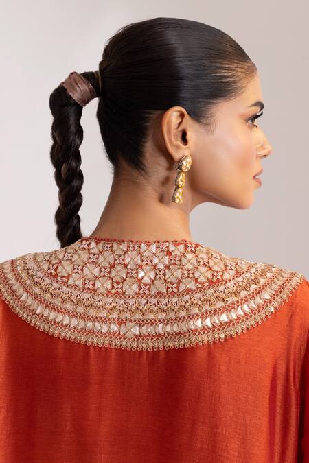 Oshi By Shikha_Rust Silk, Organza Embroidery, Sequins, Tassels V-neck Bodice Kurta Set _at_Aza_Fashions