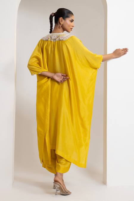 Oshi By Shikha_Mustard Silk Embroidery, Beads, Metallic Thread V-neck Kaftan And Pant Set _Online_at_Aza_Fashions