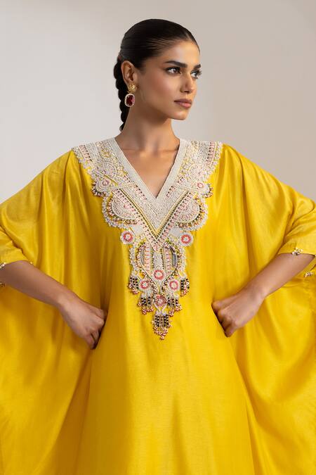 Oshi By Shikha_Mustard Silk Embroidery, Beads, Metallic Thread V-neck Kaftan And Pant Set _at_Aza_Fashions