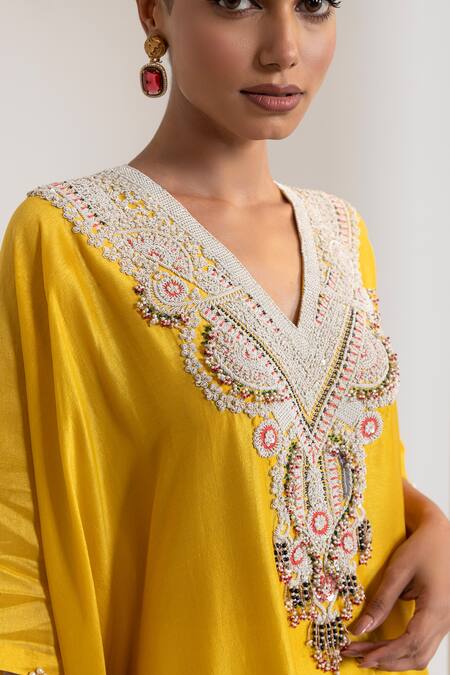 Shop_Oshi By Shikha_Mustard Silk Embroidery, Beads, Metallic Thread V-neck Kaftan And Pant Set 