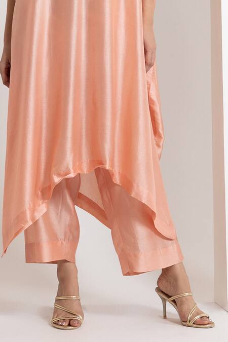 Buy_Oshi By Shikha_Pink Silk Embroidery, Beads V-neck Kaftan And Pant Set _Online_at_Aza_Fashions