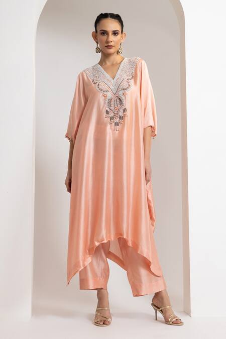 Shop_Oshi By Shikha_Pink Silk Embroidery, Beads V-neck Kaftan And Pant Set _Online_at_Aza_Fashions