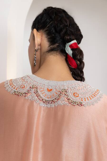 Oshi By Shikha_Pink Silk Embroidery, Beads V-neck Kaftan And Pant Set _at_Aza_Fashions