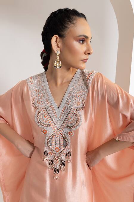Buy_Oshi By Shikha_Pink Silk Embroidery, Beads V-neck Kaftan And Pant Set 