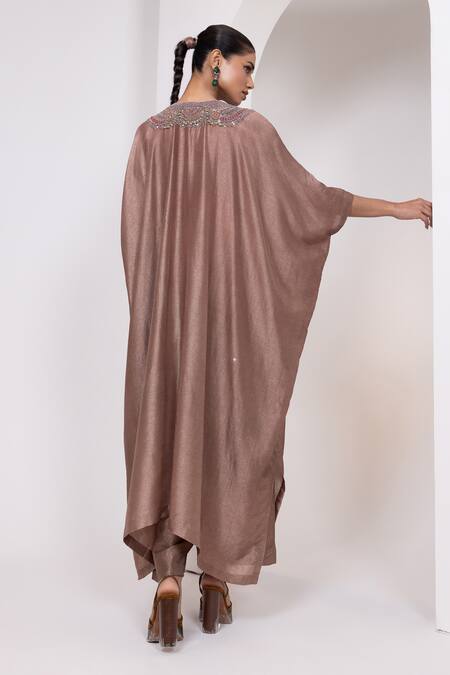 Oshi By Shikha_Silk Beads, Metallic Thread, Zari V-neck Embroidered Kaftan And Pant Set _Online_at_Aza_Fashions