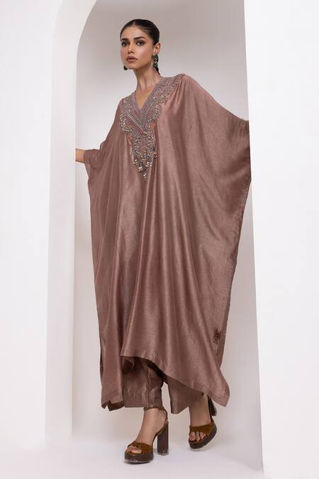Oshi By Shikha_Silk Beads, Metallic Thread, Zari V-neck Embroidered Kaftan And Pant Set _at_Aza_Fashions