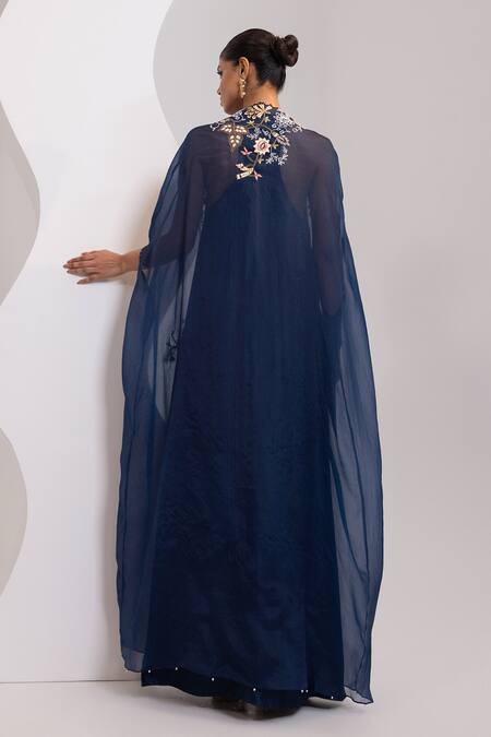 Oshi By Shikha_Navy Silk Embroidery, Pearls, Sequins Scoop Knotted Dress With Embridered Cape _Online_at_Aza_Fashions
