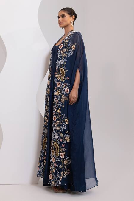 Shop_Oshi By Shikha_Navy Silk Embroidery, Pearls, Sequins Scoop Knotted Dress With Embridered Cape _Online_at_Aza_Fashions