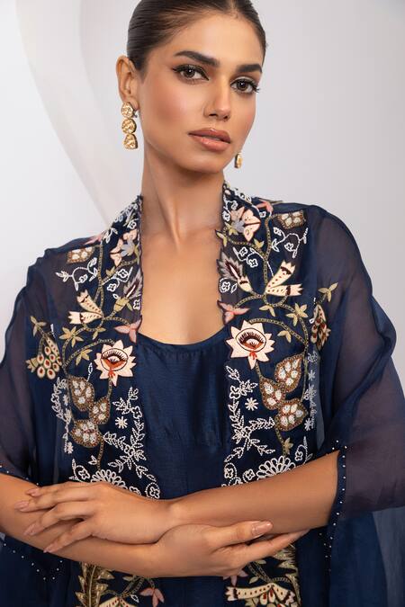 Buy_Oshi By Shikha_Navy Silk Embroidery, Pearls, Sequins Scoop Knotted Dress With Embridered Cape 