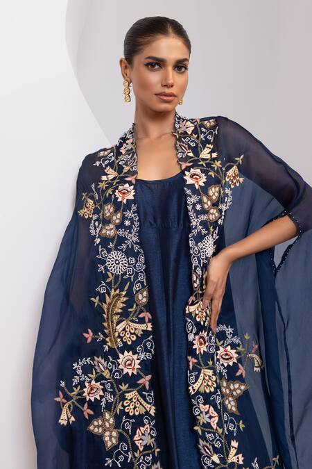 Shop_Oshi By Shikha_Navy Silk Embroidery, Pearls, Sequins Scoop Knotted Dress With Embridered Cape 