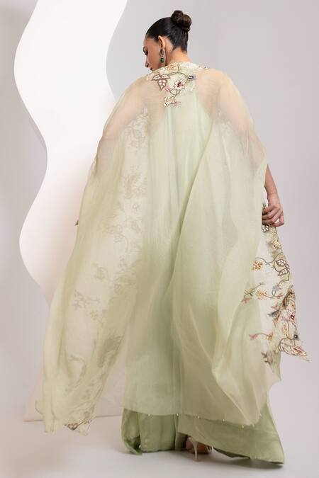 Oshi By Shikha_Green Silk Racerback, V-neck Racer Back Dress With Embridered Cape _Online_at_Aza_Fashions