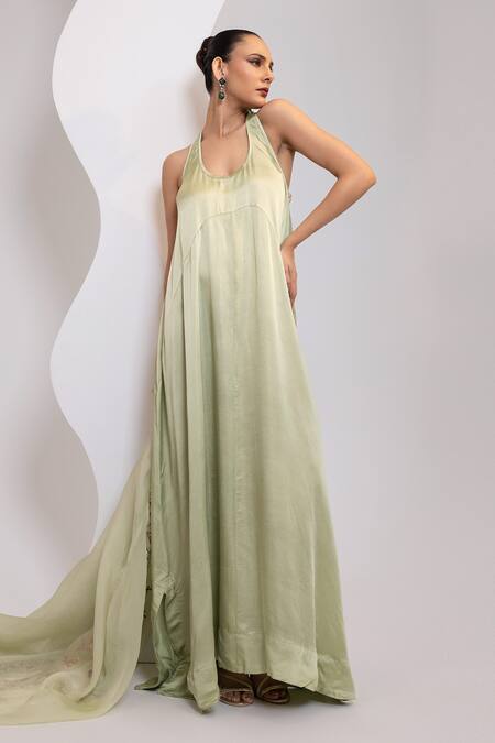 Buy_Oshi By Shikha_Green Silk Racerback, V-neck Racer Back Dress With Embridered Cape _Online_at_Aza_Fashions