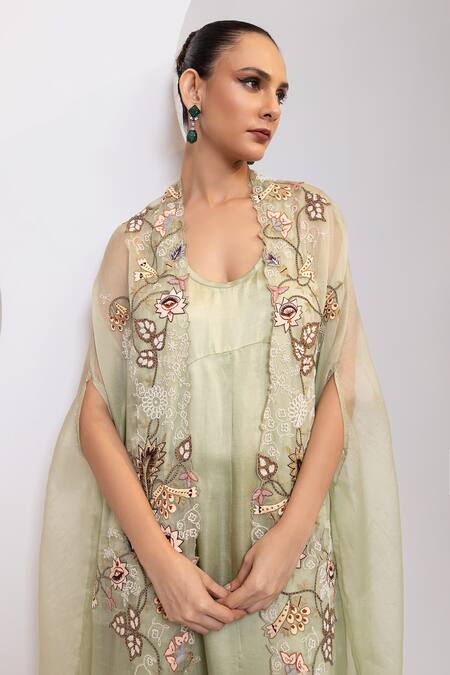 Shop_Oshi By Shikha_Green Silk Racerback, V-neck Racer Back Dress With Embridered Cape _Online_at_Aza_Fashions