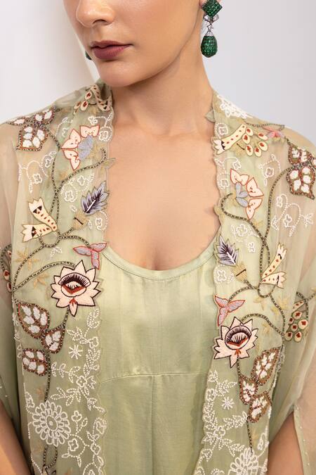 Oshi By Shikha_Green Silk Racerback, V-neck Racer Back Dress With Embridered Cape _at_Aza_Fashions