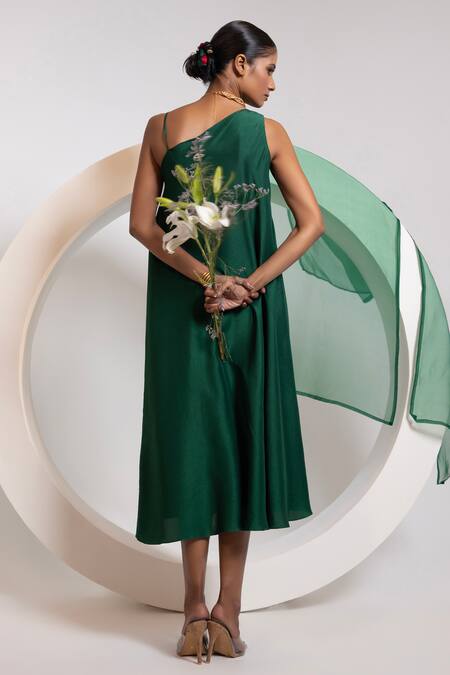 Oshi By Shikha_Emerald Green Silk, Organza One Shoulder, V-neck Dress And Sheer Jacket _Online_at_Aza_Fashions