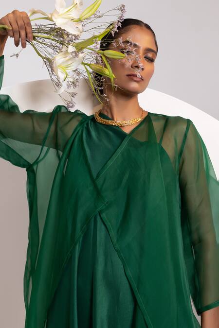 Shop_Oshi By Shikha_Emerald Green Silk, Organza One Shoulder, V-neck Dress And Sheer Jacket _Online_at_Aza_Fashions