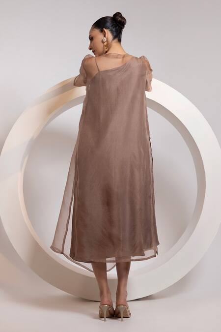 Oshi By Shikha_Silk, Organza One Shoulder, Open Neck Dress And Jacket Set _Online_at_Aza_Fashions