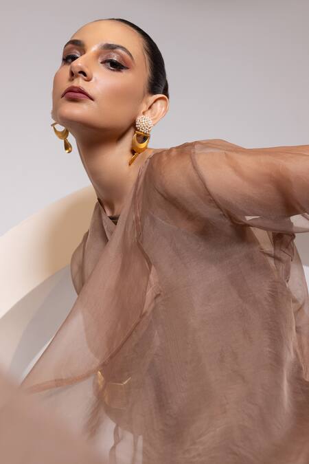 Shop_Oshi By Shikha_Silk, Organza One Shoulder, Open Neck Dress And Jacket Set _Online_at_Aza_Fashions