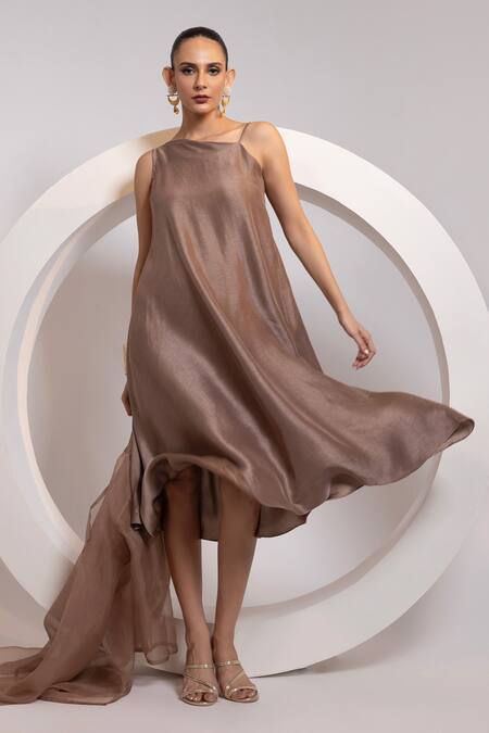 Oshi By Shikha_Silk, Organza One Shoulder, Open Neck Dress And Jacket Set _at_Aza_Fashions