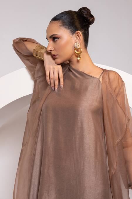 Buy_Oshi By Shikha_Silk, Organza One Shoulder, Open Neck Dress And Jacket Set 