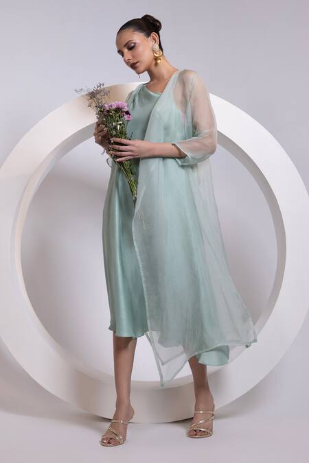 Buy_Oshi By Shikha_Sky Blue Silk, Organza One Shoulder, Open Neck Dress And Sheer Jacket Set _Online_at_Aza_Fashions