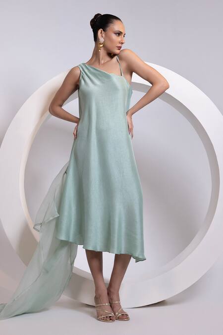 Shop_Oshi By Shikha_Sky Blue Silk, Organza One Shoulder, Open Neck Dress And Sheer Jacket Set _Online_at_Aza_Fashions