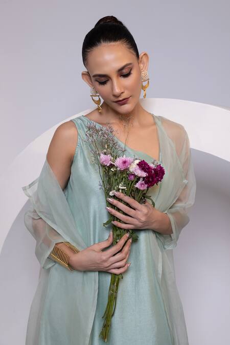 Buy_Oshi By Shikha_Sky Blue Silk, Organza One Shoulder, Open Neck Dress And Sheer Jacket Set 