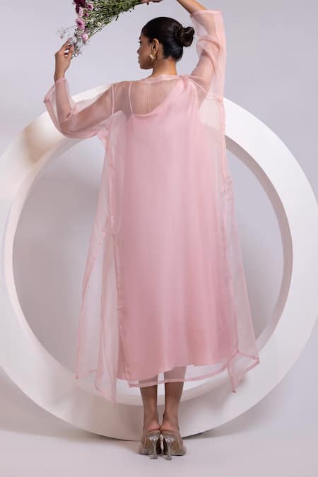 Oshi By Shikha_Pink Silk, Organza One Shoulder, Open Neck Dress And Jacket Set _Online_at_Aza_Fashions