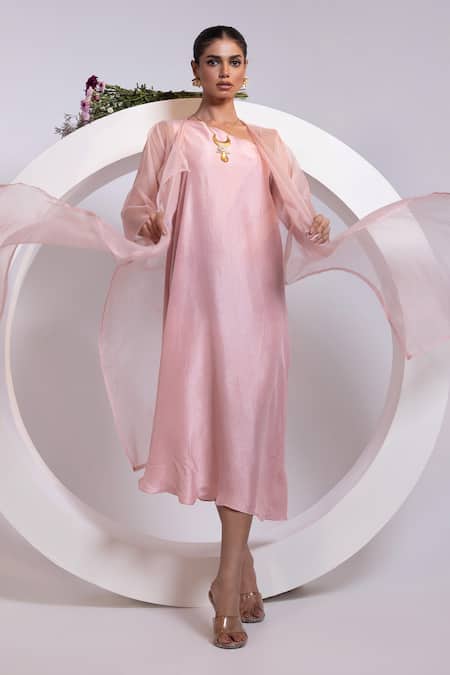 Buy_Oshi By Shikha_Pink Silk, Organza One Shoulder, Open Neck Dress And Jacket Set _Online_at_Aza_Fashions