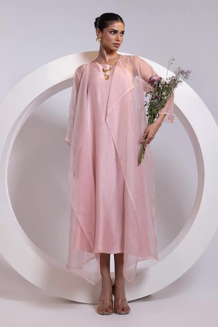 Shop_Oshi By Shikha_Pink Silk, Organza One Shoulder, Open Neck Dress And Jacket Set _Online_at_Aza_Fashions