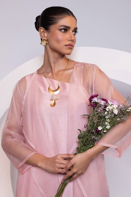 Oshi By Shikha_Pink Silk, Organza One Shoulder, Open Neck Dress And Jacket Set _at_Aza_Fashions