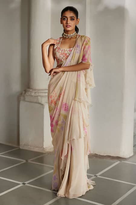 Paulmi And Harsh Ivory Chiffon Embroidery, Fringe, Ruffle Printed Pre-draped Saree With Blouse Online at Aza Fashions Paulmi And Harsh_Ivory Chiffon Embroidery, Fringe, Ruffle Printed Pre-draped Saree With Blouse _Online_at_Aza_Fashions